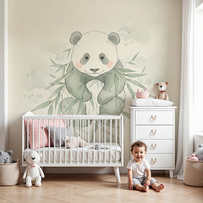 Behang babykamer | Schattige panda omringd door bamboe