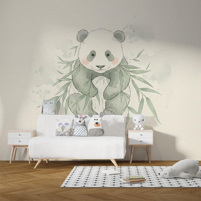 Behang babykamer | Schattige panda omringd door bamboe