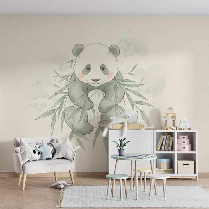 Behang babykamer | Schattige panda omringd door bamboe