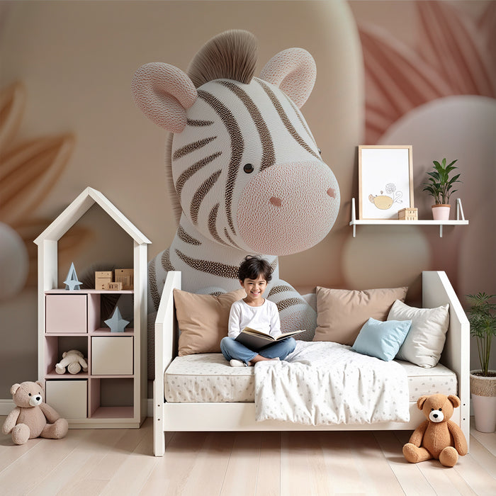 Børneværelse tapet | Sød plys-zebra med bløde toner