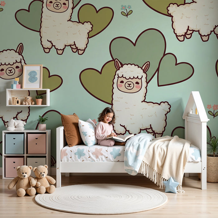 Papier peint chambre bébé | Adorables alpagas et cœurs sur fond pastel