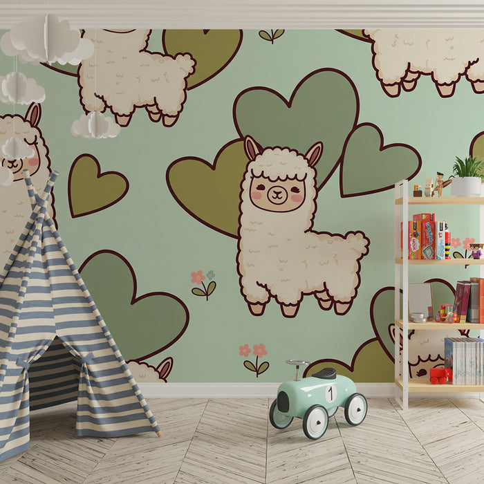Papier peint chambre bébé | Adorables alpagas et cœurs sur fond pastel