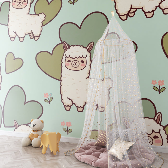 Papier peint chambre bébé | Adorables alpagas et cœurs sur fond pastel