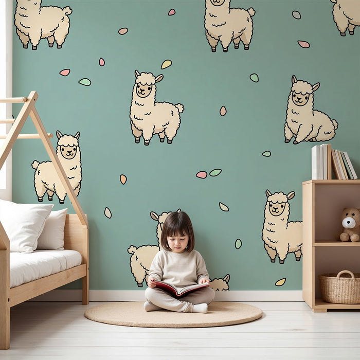 Papel de parede para quarto de bebé | Alpacas adoráveis sobre fundo pastel