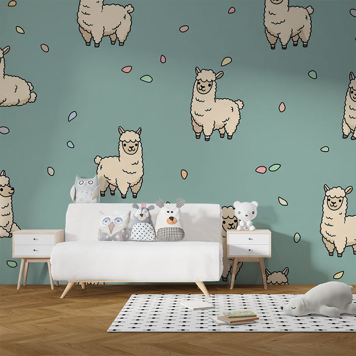 Papel de parede para quarto de bebé | Alpacas adoráveis sobre fundo pastel