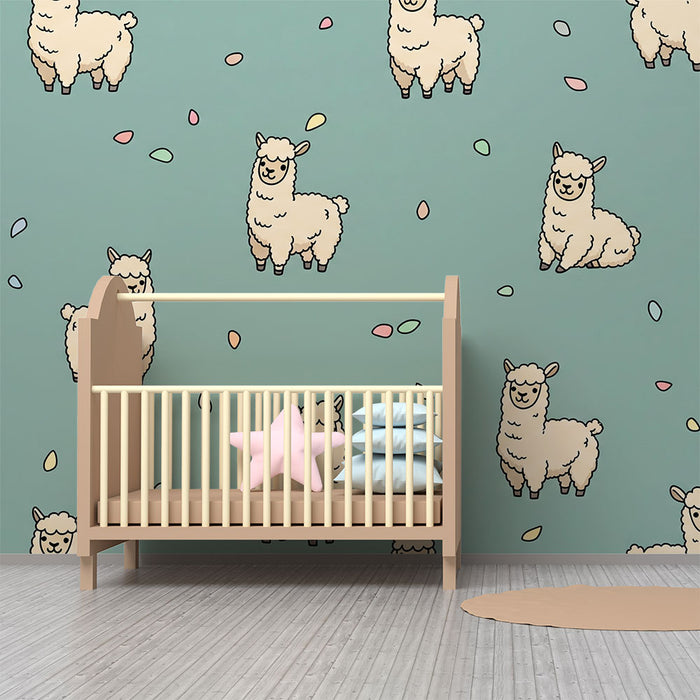 Papel de parede para quarto de bebé | Alpacas adoráveis sobre fundo pastel