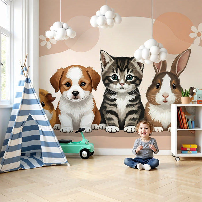 Baby nursery wallpaper | Adorable pets with colorful flowers