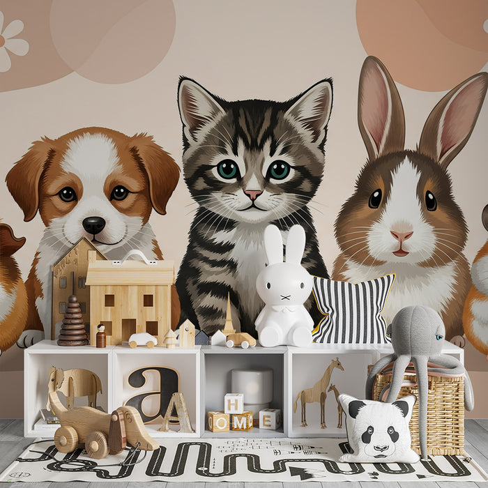 Baby nursery wallpaper | Adorable pets with colorful flowers