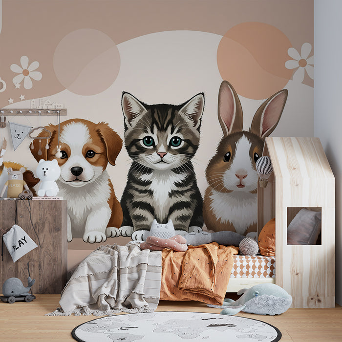 Baby nursery wallpaper | Adorable pets with colorful flowers
