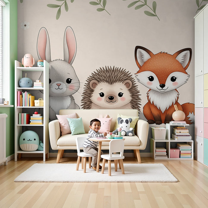 Papier peint chambre bébé | Adorables animaux de la forêt avec fleurs délicates