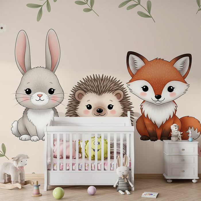 Papier peint chambre bébé | Adorables animaux de la forêt avec fleurs délicates
