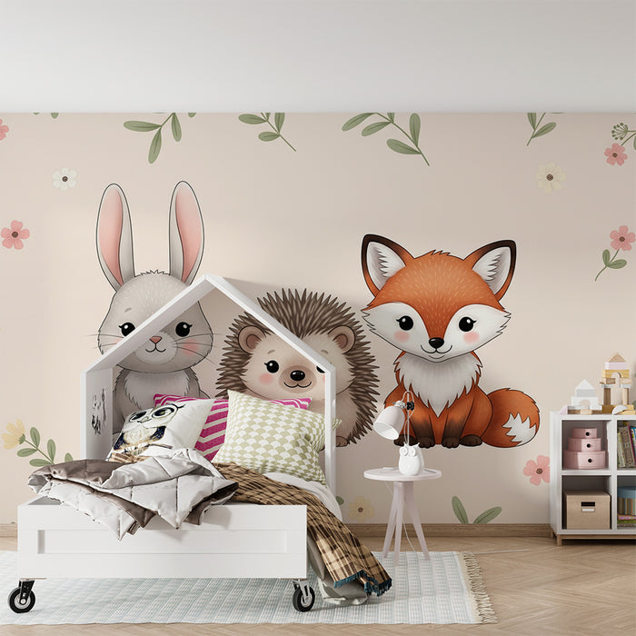 Papier peint chambre bébé | Adorables animaux de la forêt avec fleurs délicates