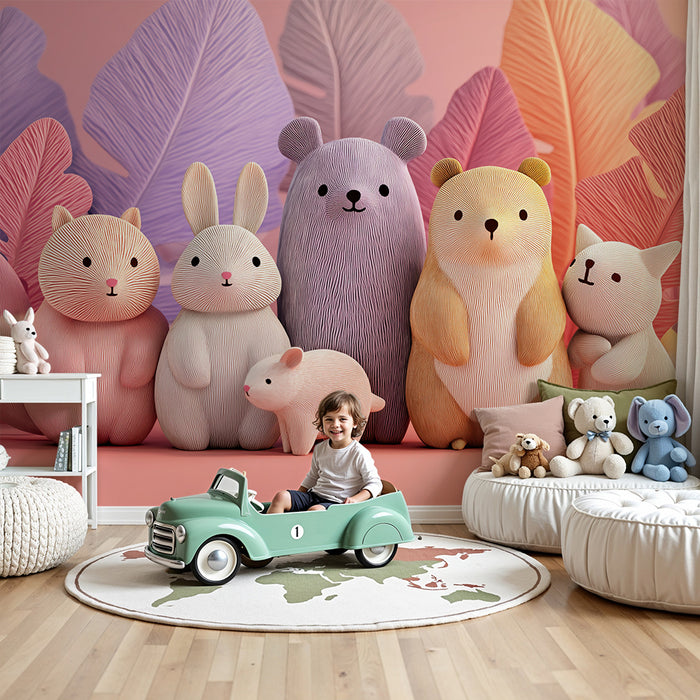 Papier peint chambre bébé | Adorables animaux en pastel avec feuillage tropical