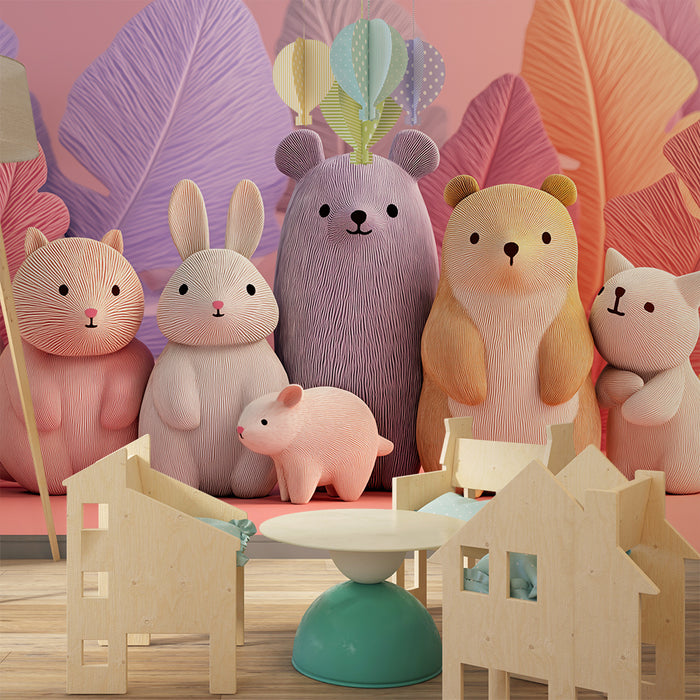 Papier peint chambre bébé | Adorables animaux en pastel avec feuillage tropical