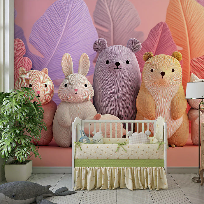 Papier peint chambre bébé | Adorables animaux en pastel avec feuillage tropical