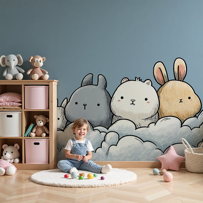 Carta da parati bambini | Adorabili animali su nuvole soffici