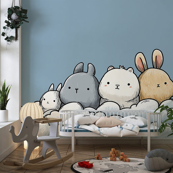 Carta da parati bambini | Adorabili animali su nuvole soffici