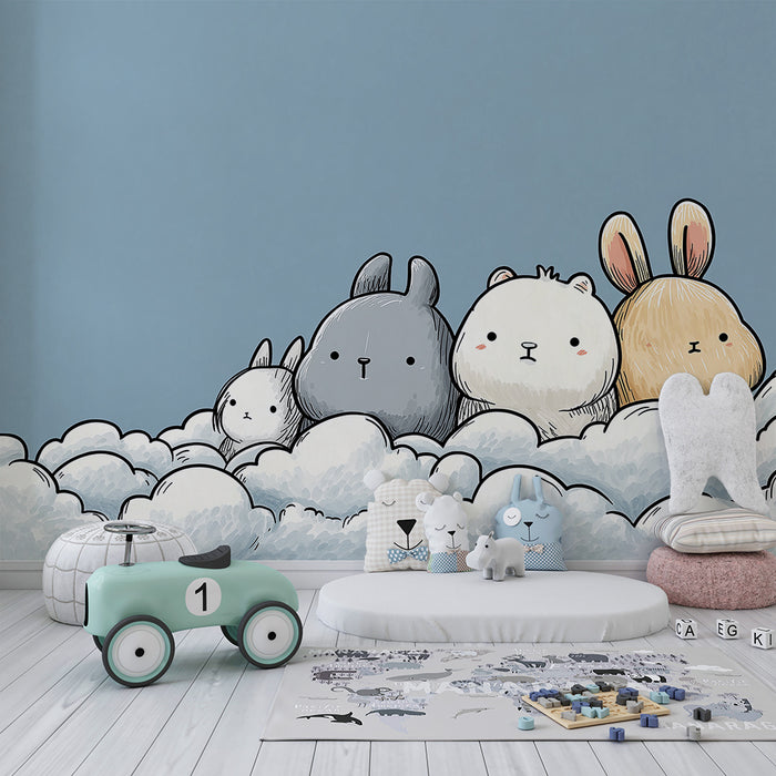 Carta da parati bambini | Adorabili animali su nuvole soffici