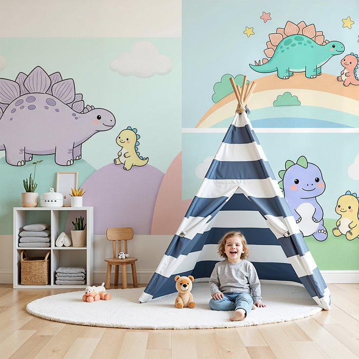 Papier peint chambre bébé | Adorables dinosaures colorés sur un fond pastel