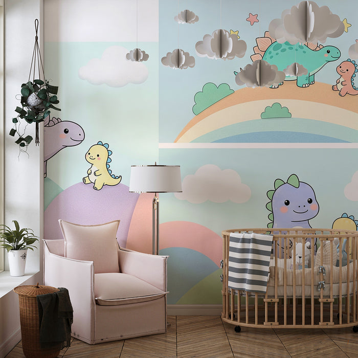Papier peint chambre bébé | Adorables dinosaures colorés sur un fond pastel
