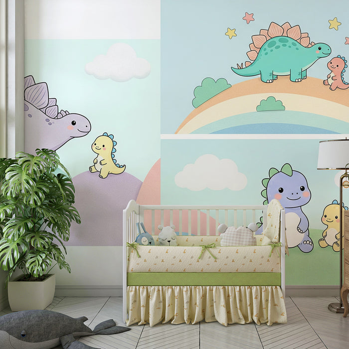 Papier peint chambre bébé | Adorables dinosaures colorés sur un fond pastel
