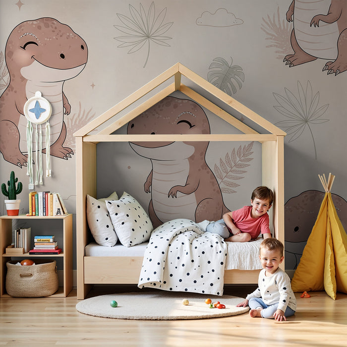 Papier peint chambre bébé | Adorables dinosaures souriants sur fond pastel