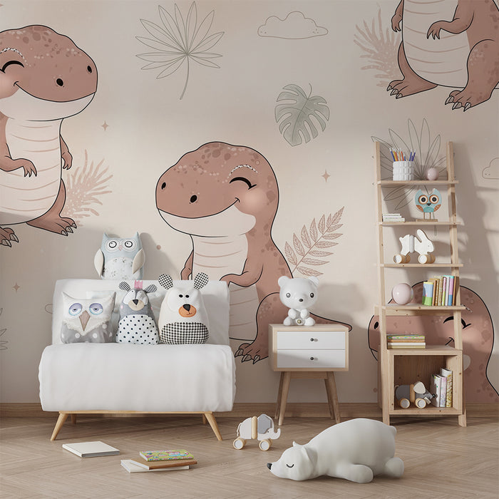 Papier peint chambre bébé | Adorables dinosaures souriants sur fond pastel