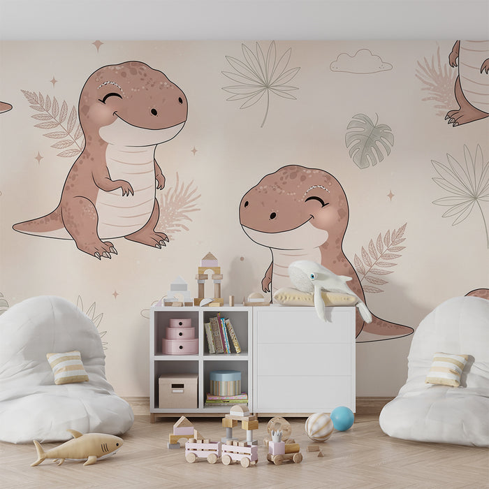 Papier peint chambre bébé | Adorables dinosaures souriants sur fond pastel