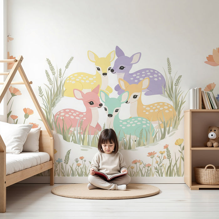 Papier peint chambre bébé | Adorables faons colorés dans un champ de fleurs
