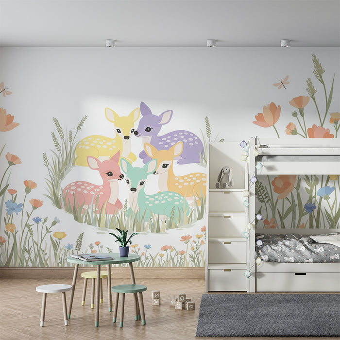 Papier peint chambre bébé | Adorables faons colorés dans un champ de fleurs