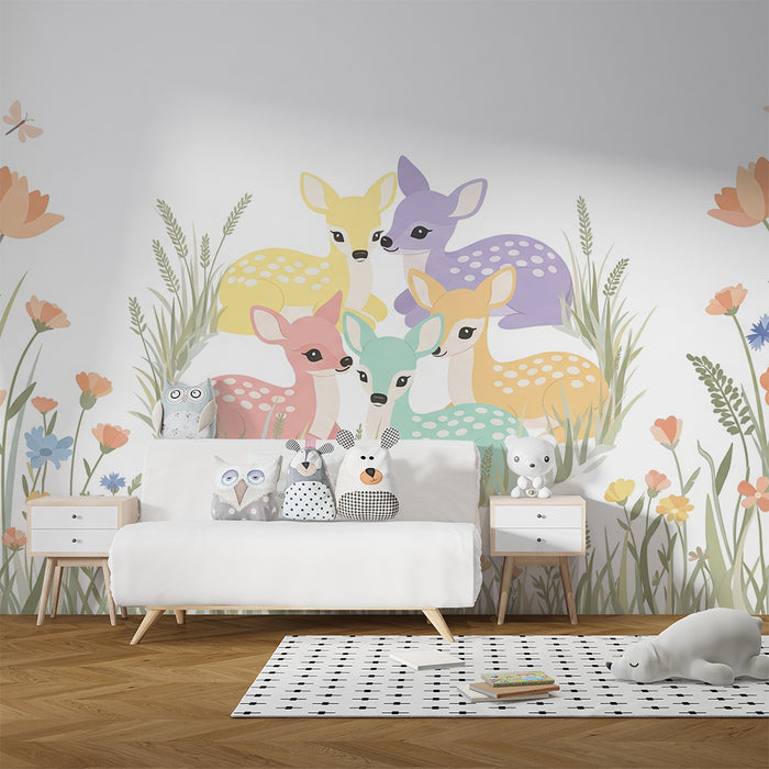 Papier peint chambre bébé | Adorables faons colorés dans un champ de fleurs