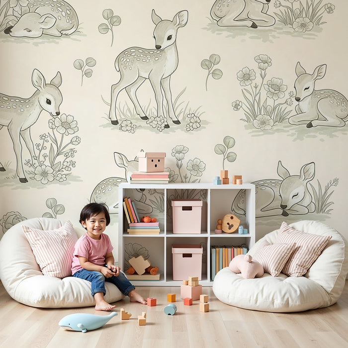 Papier peint chambre bébé | Adorables faons parmi les fleurs délicates