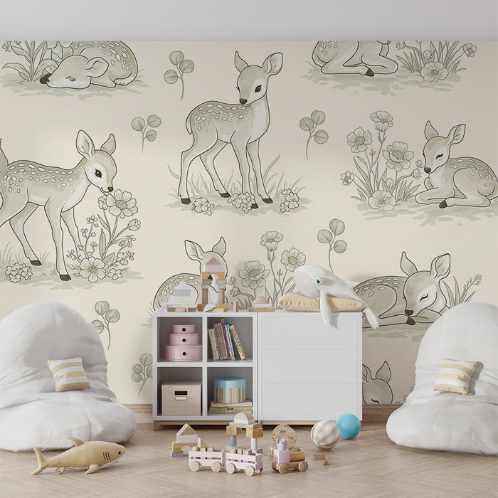 Papier peint chambre bébé | Adorables faons parmi les fleurs délicates