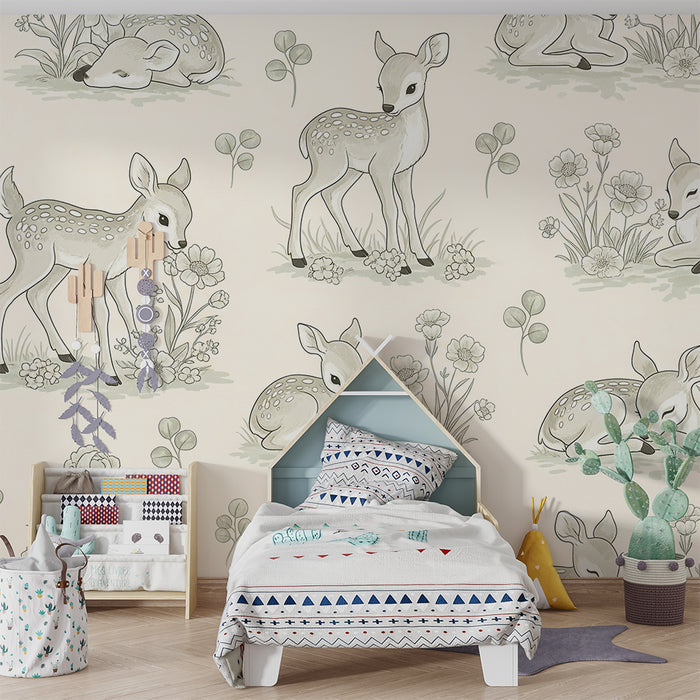 Papier peint chambre bébé | Adorables faons parmi les fleurs délicates