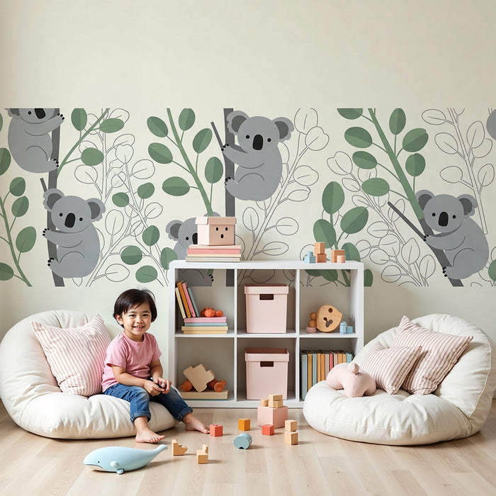 Papier peint chambre bébé | Adorables koalas parmi des feuillages doux