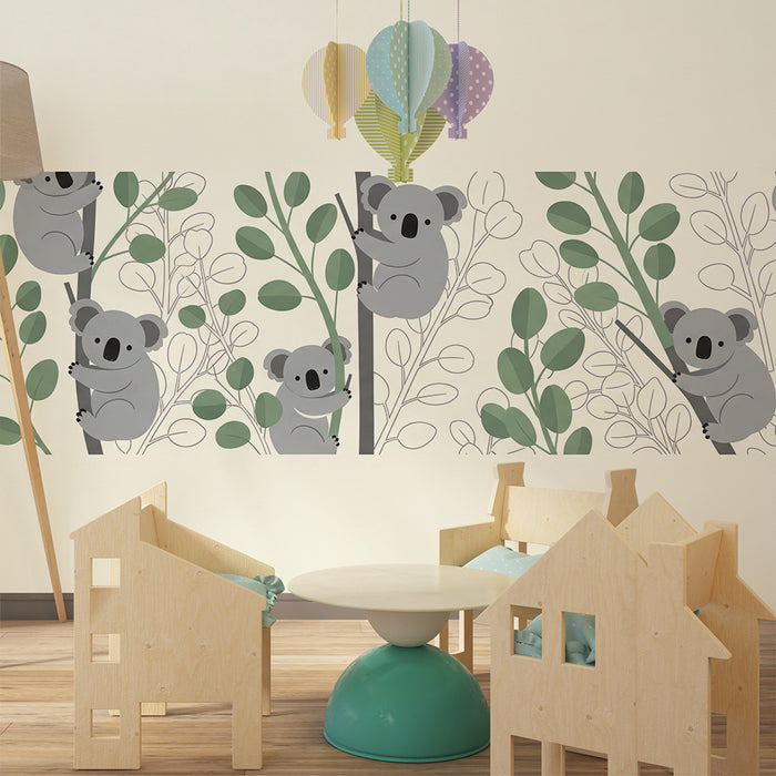 Papier peint chambre bébé | Adorables koalas parmi des feuillages doux