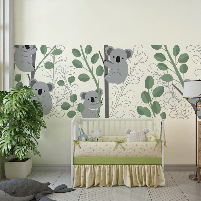 Papier peint chambre bébé | Adorables koalas parmi des feuillages doux