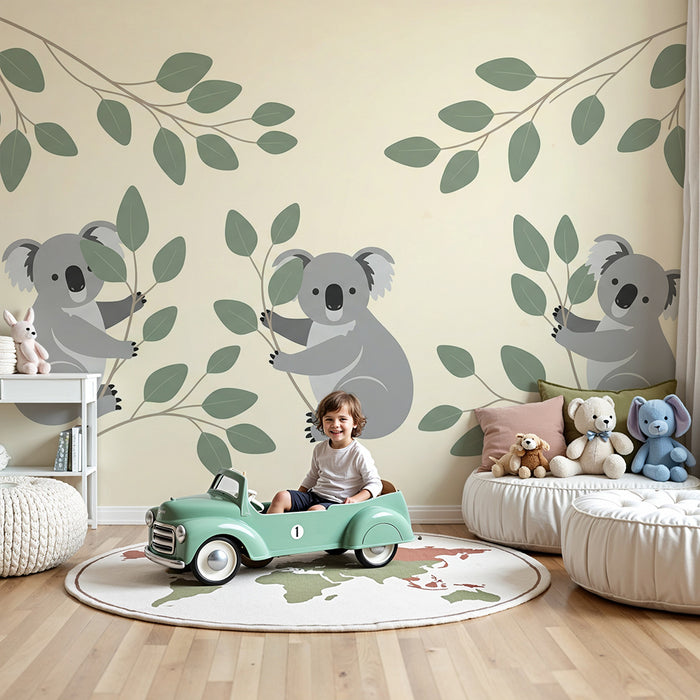 Baby room wallpaper | Adorable koalas on a soft background with delicate foliage