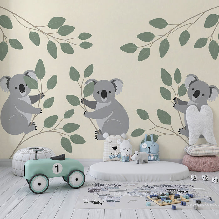 Baby room wallpaper | Adorable koalas on a soft background with delicate foliage