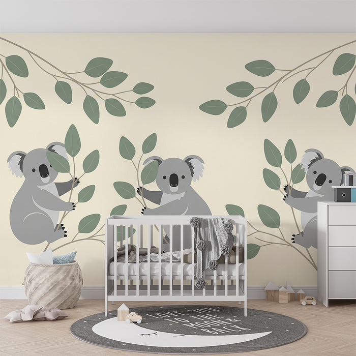 Baby room wallpaper | Adorable koalas on a soft background with delicate foliage