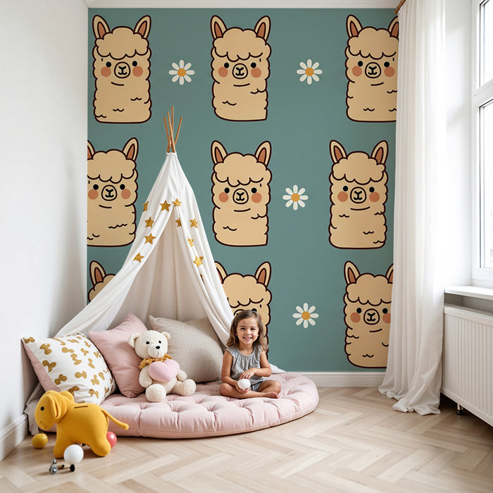 Papel pintado para habitación infantil | Adorables llamas y flores sobre fondo azul