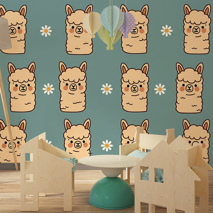 Papel pintado para habitación infantil | Adorables llamas y flores sobre fondo azul