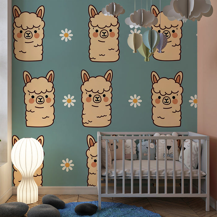 Papel pintado para habitación infantil | Adorables llamas y flores sobre fondo azul