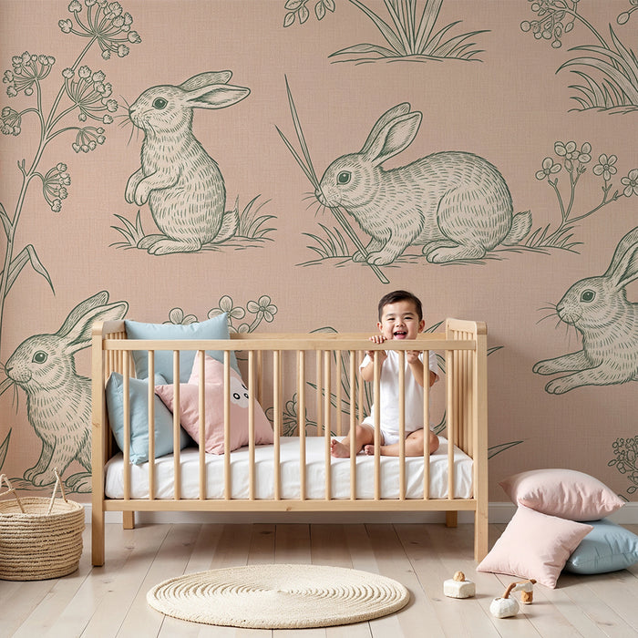 Tapeta do pokoje miminka | Roztomilí zajíčci v rozkvetlé zahradě v stylu toile de jouy