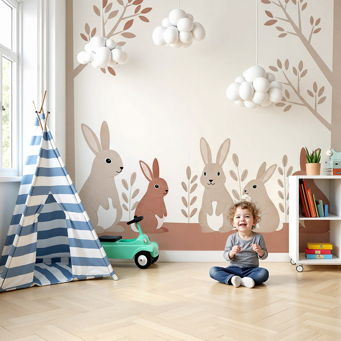 Papel pintado para habitación infantil | Adorables conejos en un paisaje suave y natural