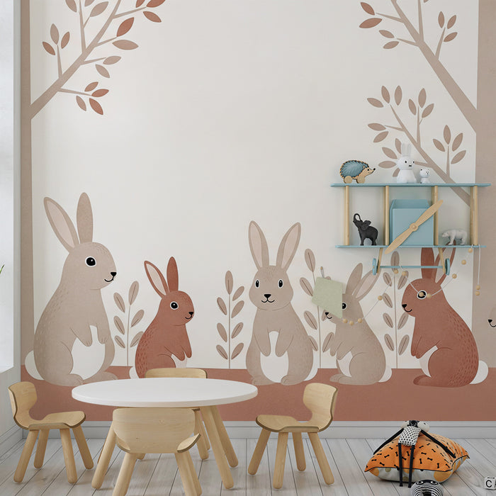 Papel pintado para habitación infantil | Adorables conejos en un paisaje suave y natural