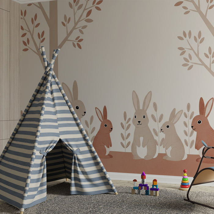Papel pintado para habitación infantil | Adorables conejos en un paisaje suave y natural