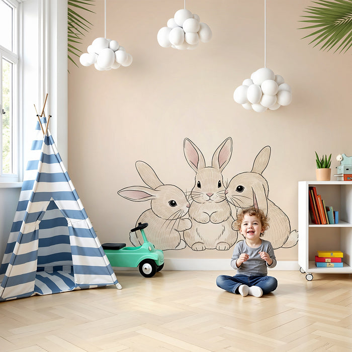 Papier peint chambre bébé | Adorables lapins entourés de palmiers