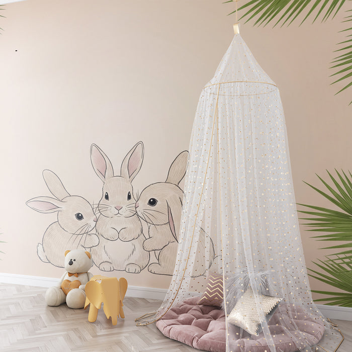 Papier peint chambre bébé | Adorables lapins entourés de palmiers