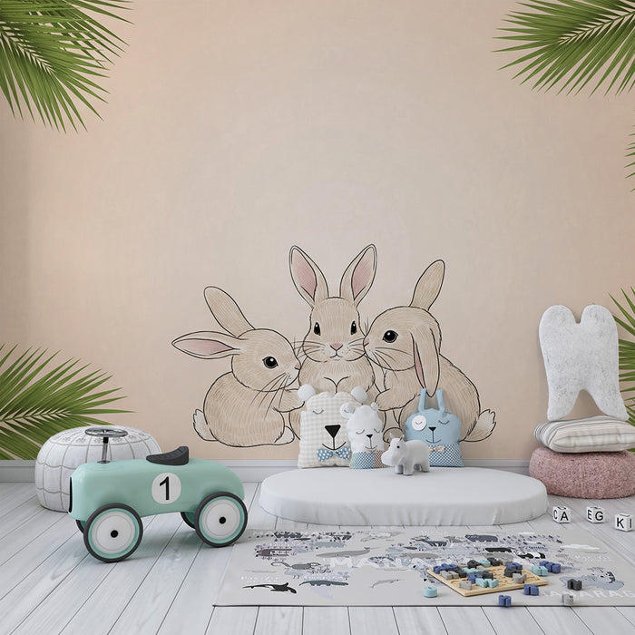 Papier peint chambre bébé | Adorables lapins entourés de palmiers